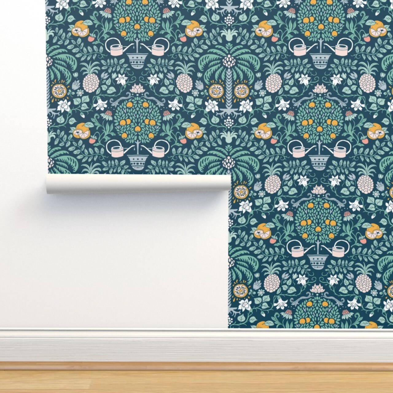 Orange Orchard Citrus Garden Damask Botanical Blue Teal Victorian Vintage Custom Removable Wallpaper by Spoonflower Peel & Stick Wallpaper 2FT Wide